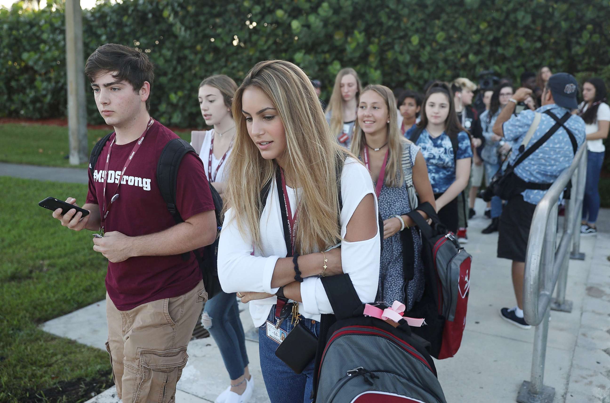 PHOTO: Students walk to Marjory Stoneman Douglas High School on the first day of school on Aug. 15, 2018 in Parkland, Fla.