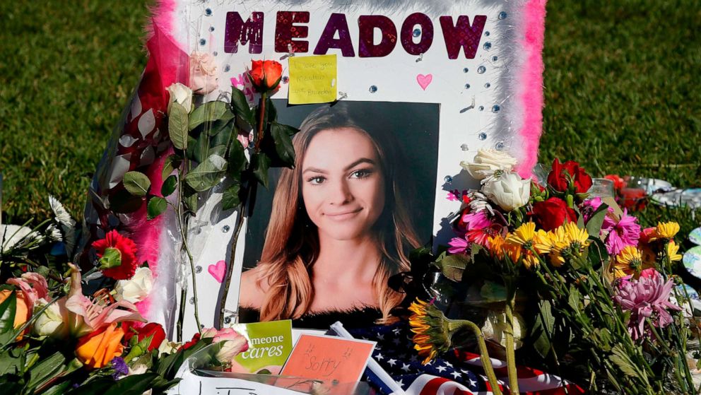 PHOTO: A memorial for Meadow Pollack, one of the victims of the Marjory Stoneman Douglas High School shooting, sits in a park in Parkland, Fla., Feb. 16, 2018.