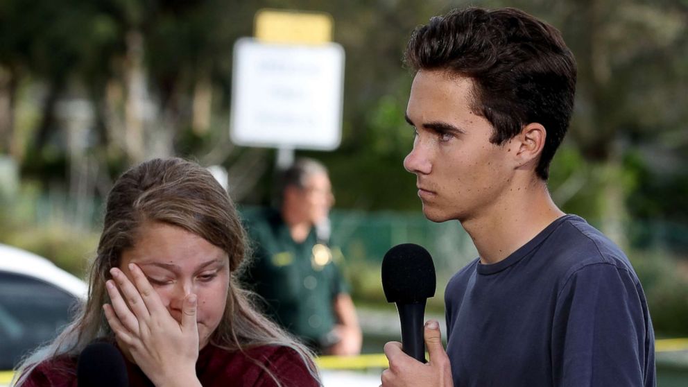 PHOTO: Students Kelsey Friend and David Hogg recount their stories about yesterday's mass shooting at the Marjory Stoneman Douglas High School, Feb. 15, 2018.