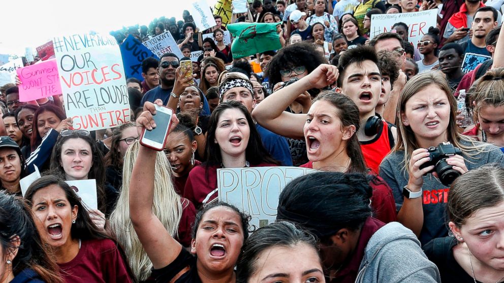 PHOTO: Students of area High Schools rally at Marjory Stoneman Douglas High School after participating in a county wide school walk out in Parkland, Fla., Feb. 21, 2018. 