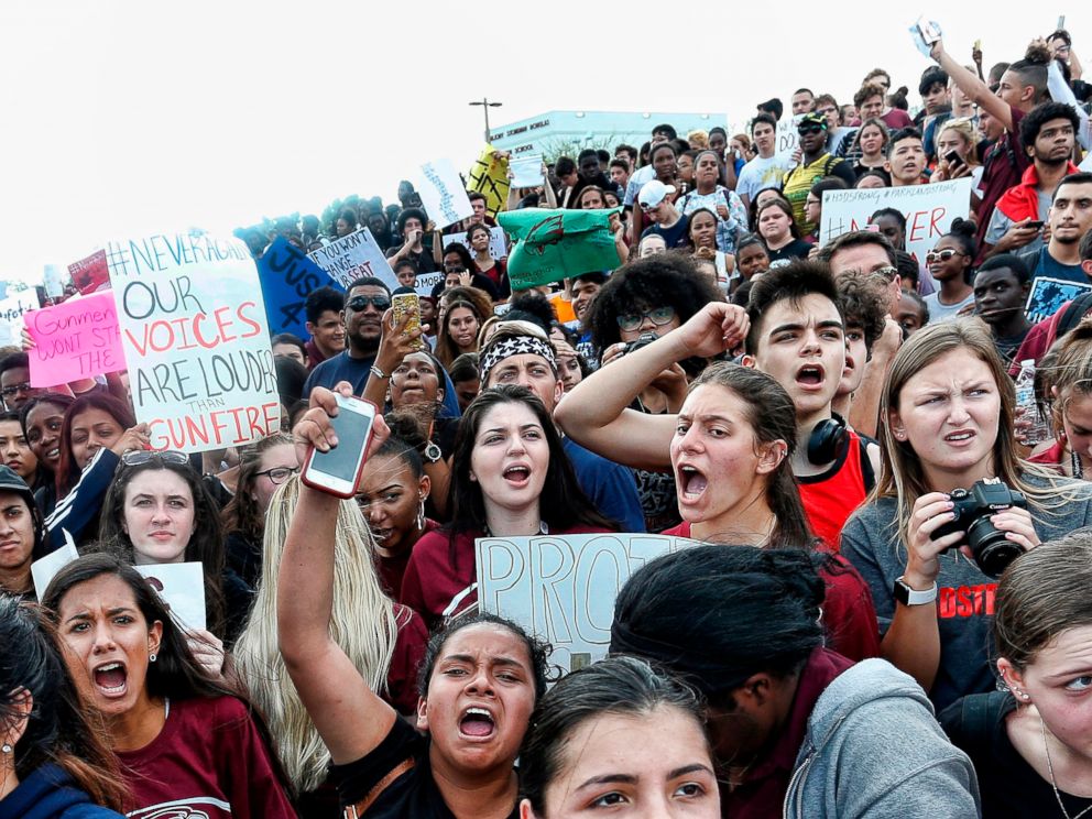 PHOTO: Students of area High Schools rally at Marjory Stoneman Douglas High School after participating in a county wide school walk out in Parkland, Fla., Feb. 21, 2018. 