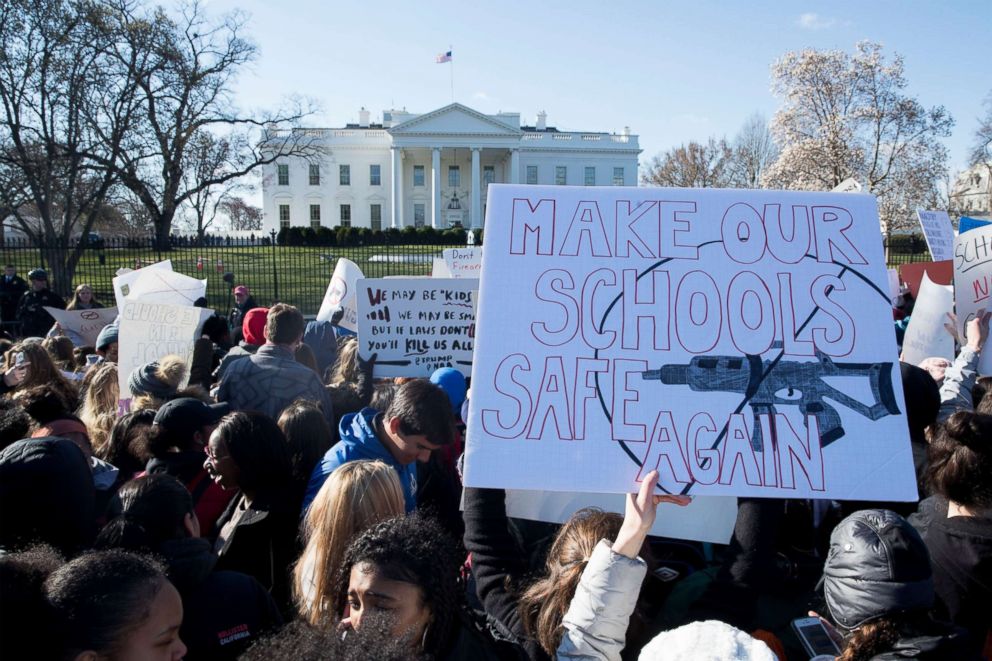 PHOTO: Young people participate in the national school walkout over gun violence at a rally on Pennsylvania Avenue outside the White House in Washington, DC, March 14, 2018.