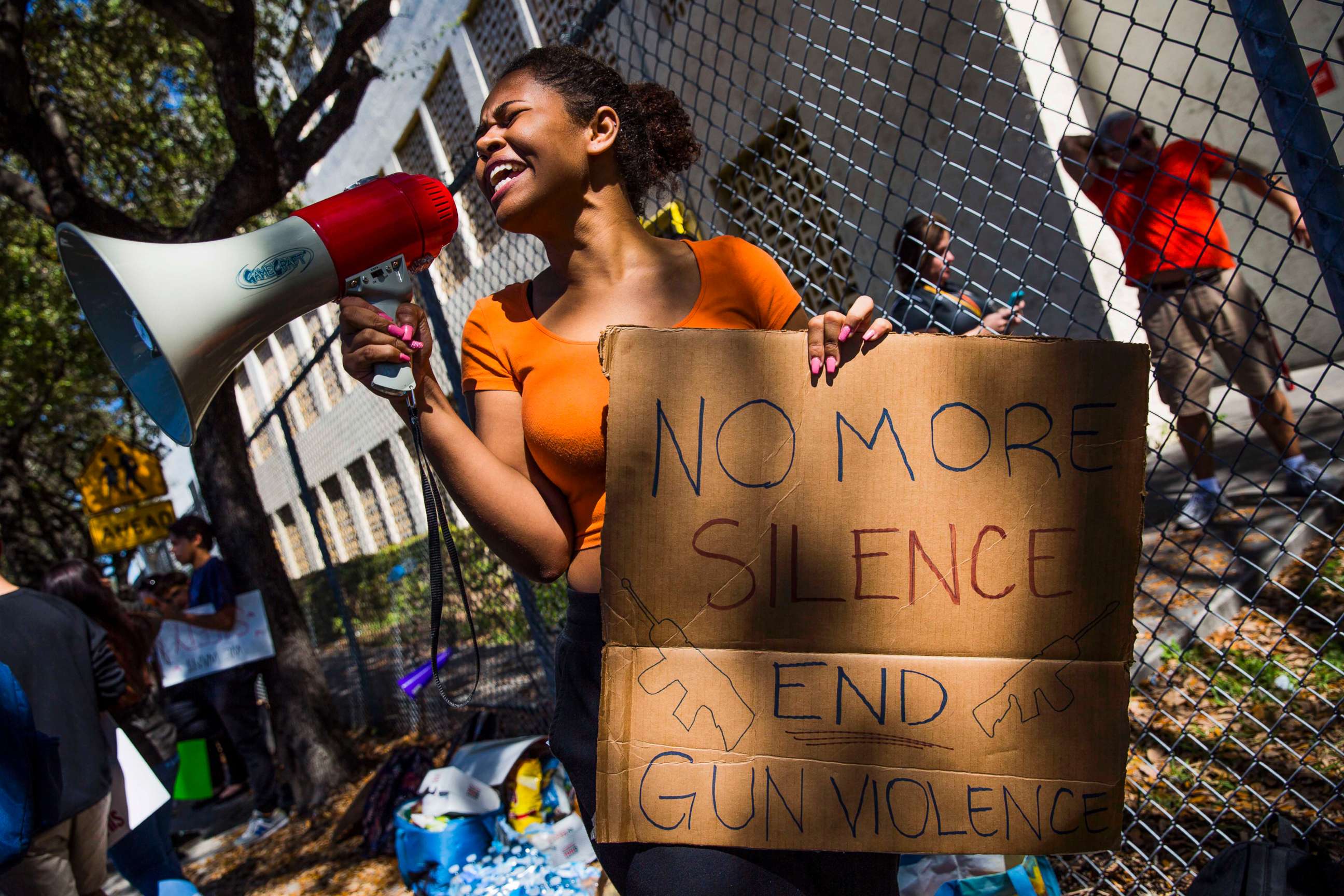 PHOTO: South Broward High School sophomore Genesis Campbell leads her classmates in protest in front of their school, Feb. 16, 2018, in response to a shooting at Marjory Stoneman Douglas High School in Parkland, Fla.