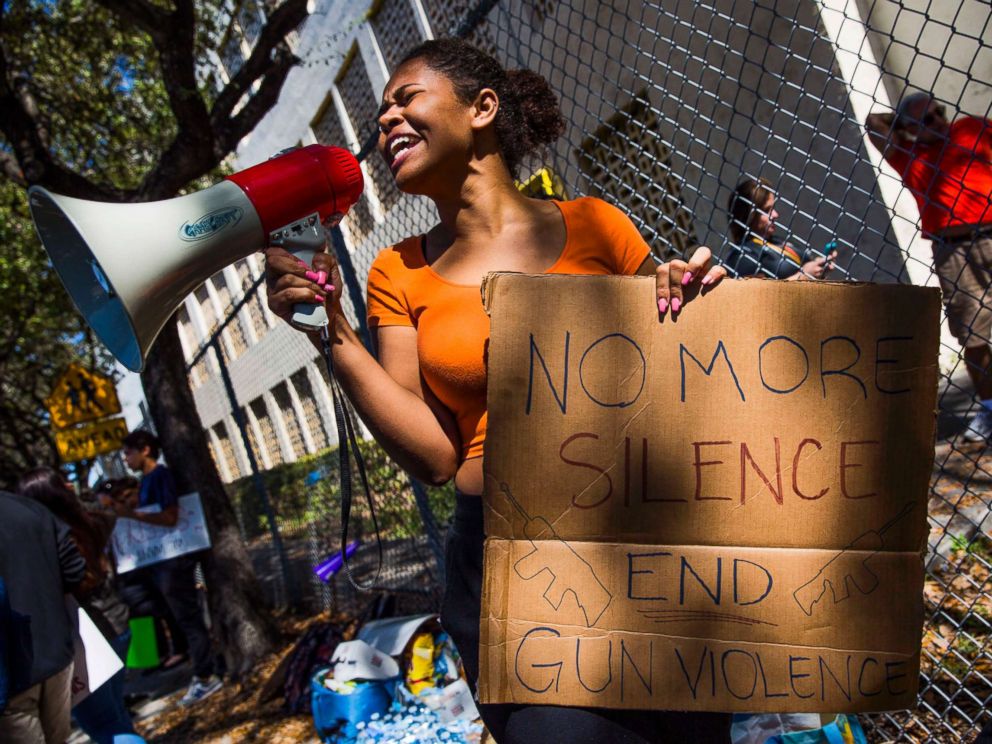 PHOTO: South Broward High School sophomore Genesis Campbell leads her classmates in protest in front of their school, Feb. 16, 2018, in response to a shooting at Marjory Stoneman Douglas High School in Parkland, Fla.