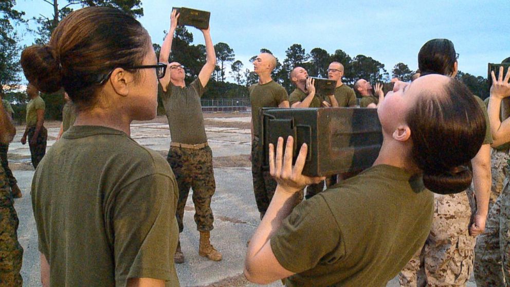 PHOTO: Male and female Marine recruits train at Marine Corps Recruit Depot Parris Island in South Carolina, Feb. 2, 2018.