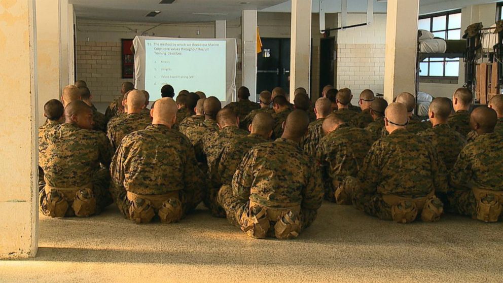 PHOTO: Recruits watch a presentation at Marine Corps Recruit Depot Parris Island in South Carolina, Feb. 1, 2018.
