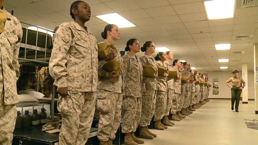 PHOTO: Female recruits stand at attention in a barracks at Marine Corps Recruit Depot Parris Island in South Carolina, Feb. 2, 2018.