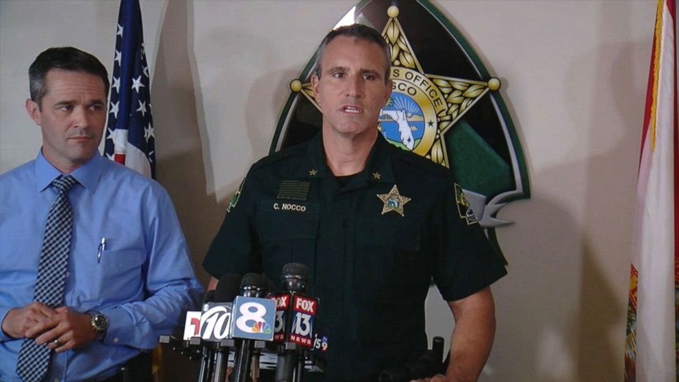 PHOTO: Pasco County Sheriff Chris Nocco speaks to the press after a domestic violence incident in Pasco, County, Fla., where a neighbor helped free the victim's children from a dangerous scene, Aug. 21, 2019.