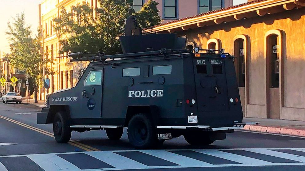PHOTO: An armored vehicle patrols the streets of Paso Robles, California after a sheriff's deputy was wounded when someone opened fire on a police station, June 10, 2020.