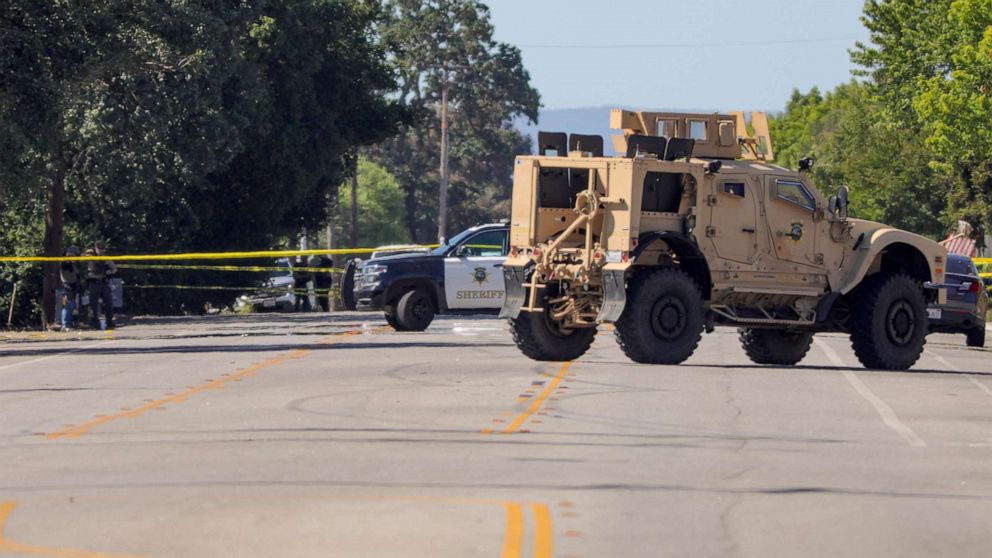 PHOTO: A tactical vehicle is parked near 12th and Riverside Ave.nue in downtown Paso Robles, Calif., as law enforcement agencies responded to an early morning shooting in the Central Coast city after a sheriff's deputy was wounded, June 10, 2020.
