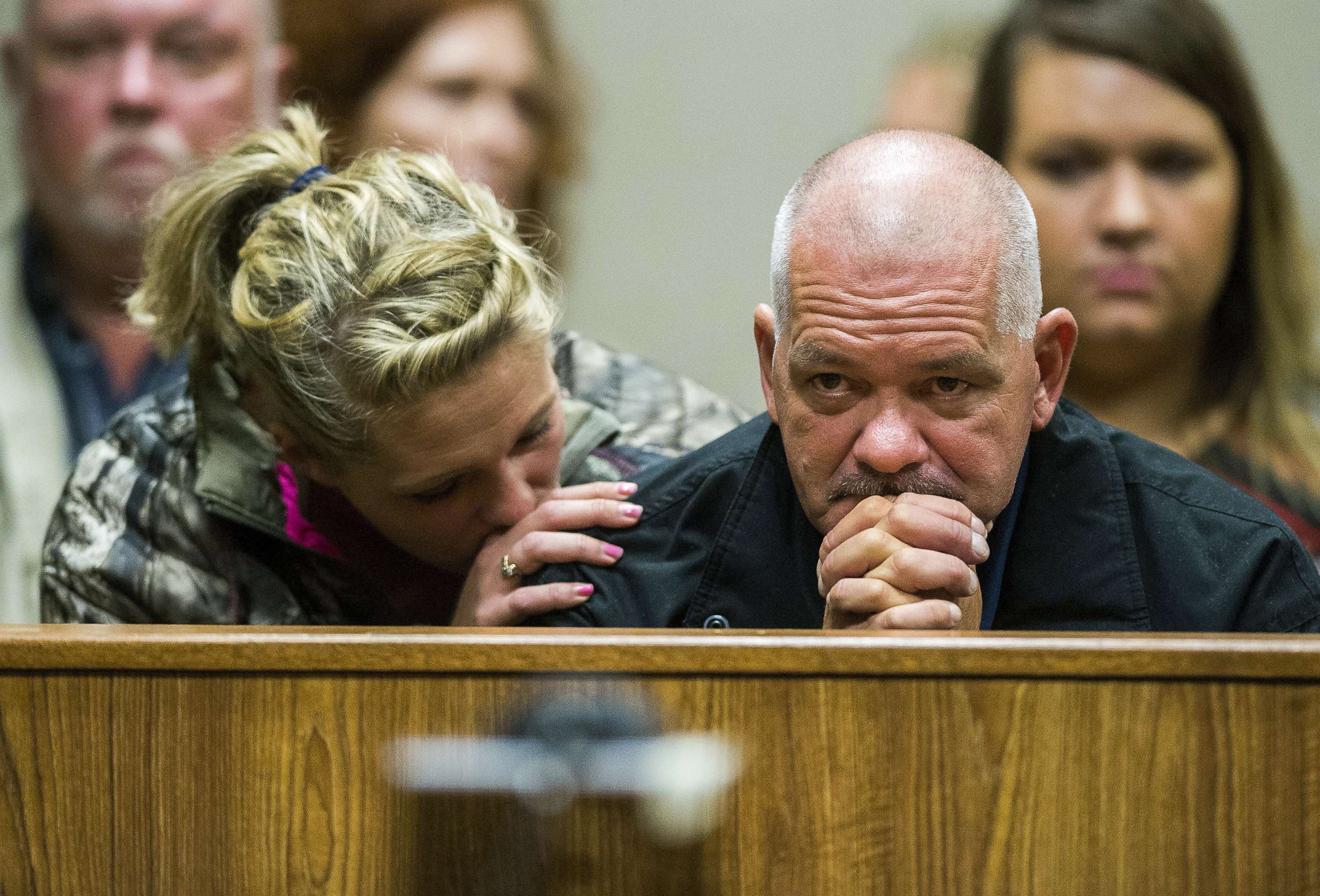PHOTO: Family of Ken White, who was killed when a rock was thrown from an overpass on Interstate 75, listen as the alleged perpetrators are arraigned on Tuesday, Oct. 24, 2017, in Genesee County District Court in downtown Flint, Mich.