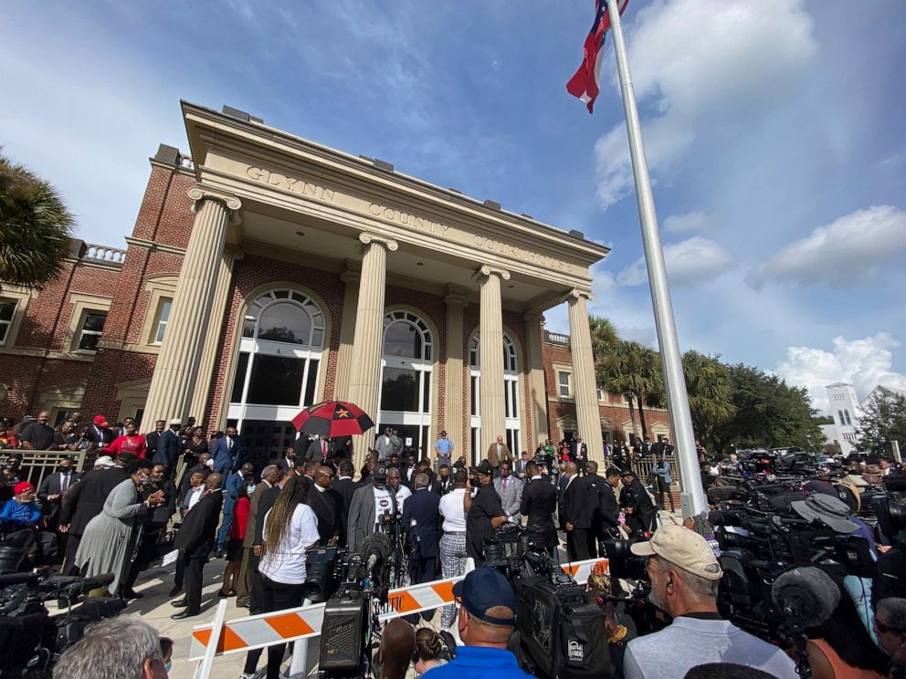 PHOTO: Hundreds of pastors rally during the trial of Greg McMichael and his son, Travis McMichael, and a neighbor, William "Roddie" Bryan outside the Glynn County Courthouse, Nov. 18, 2021, in Brunswick, Ga.
