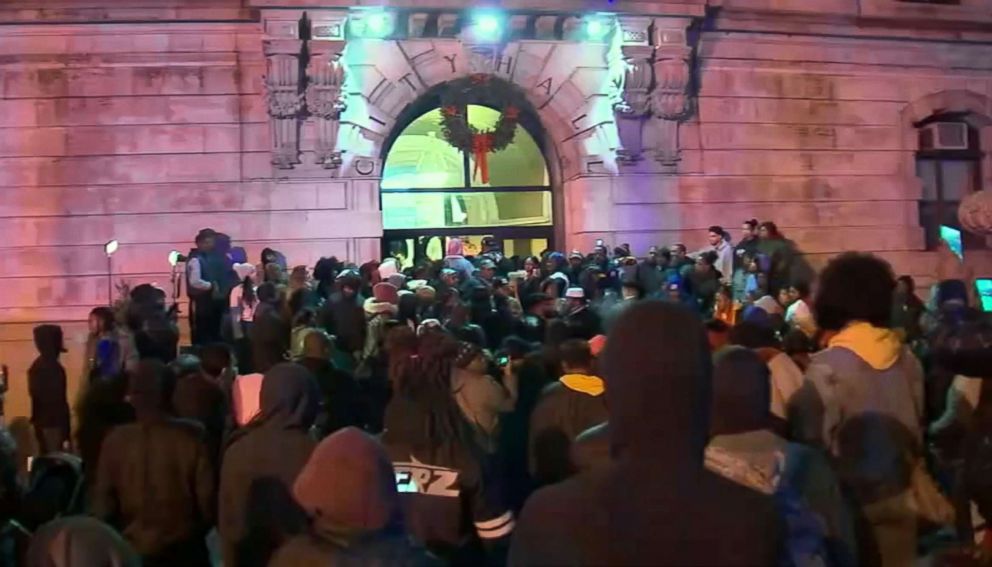 PHOTO: People face gather outside City Hall during a ally for justice for Jameek Lowery, Jan. 8, 2019, in Paterson, N.J. Lowery died on the way to the hospital after asking the Paterson Police Department for help. 