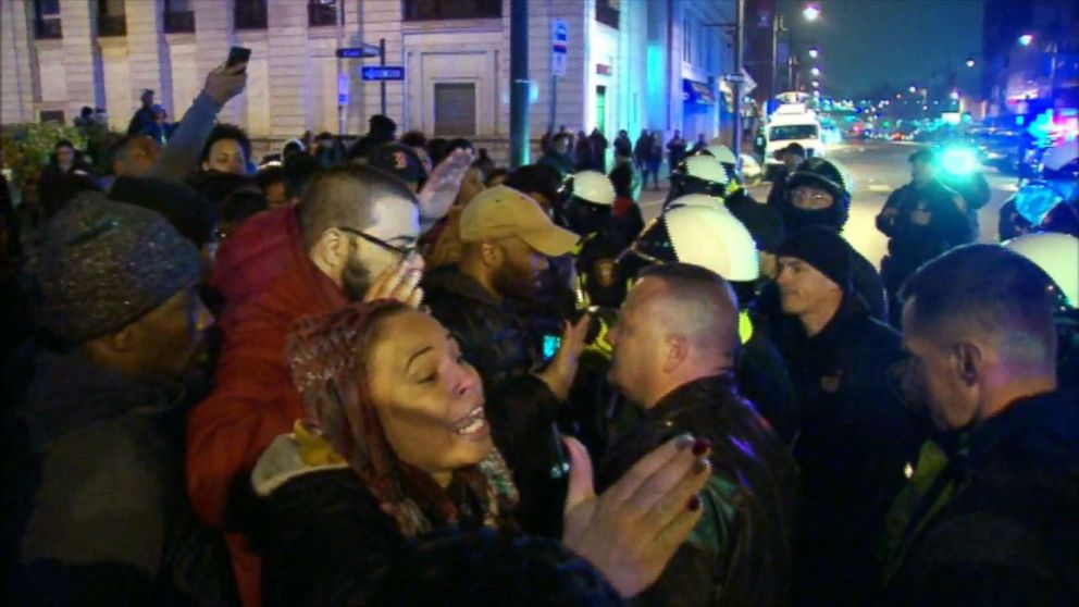 PHOTO: People face off against police during a ally for justice for Jameek Lowery, Jan. 8, 2019, in Paterson, N.J. Lowery died on the way to the hospital after asking the Paterson Police Department for help. 