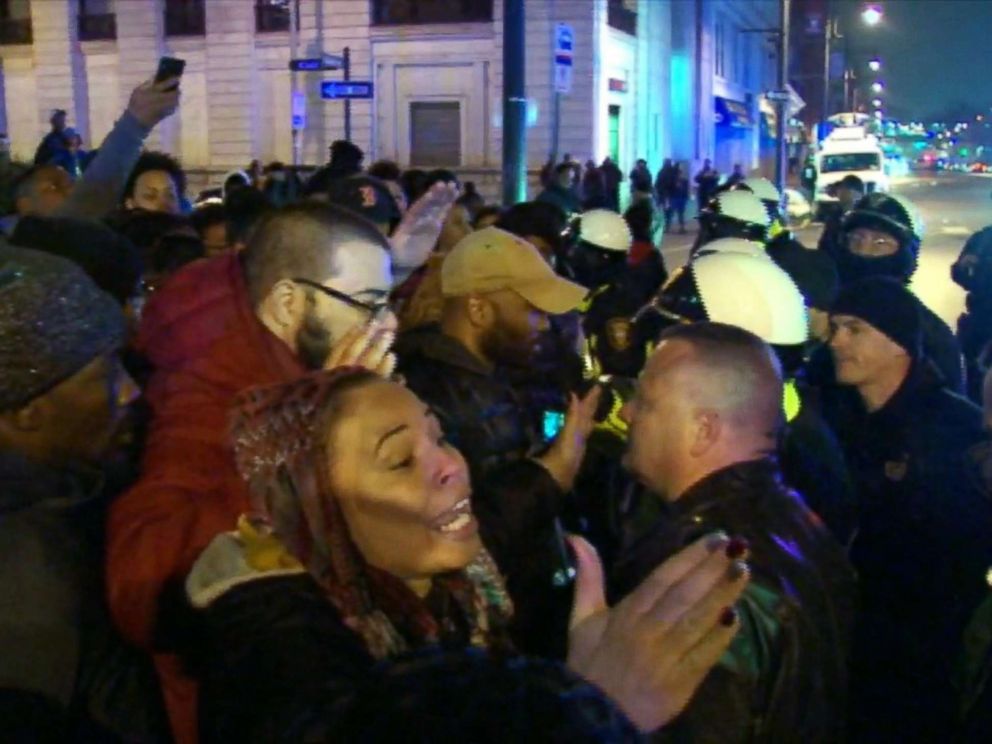 PHOTO: People face off against police during a ally for justice for Jameek Lowery, Jan. 8, 2019, in Paterson, N.J. Lowery died on the way to the hospital after asking the Paterson Police Department for help.