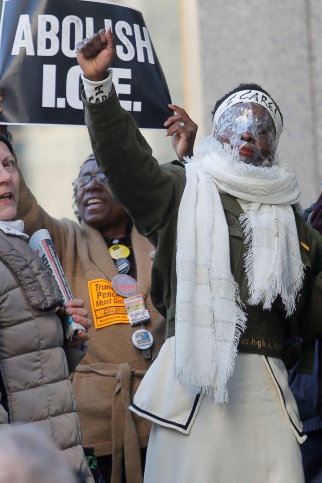 PHOTO: Therese Patricia Okoumou arrives for her sentencing for conviction on attempted scaling of the Statue of Liberty to protest the U.S. immigration policy, at federal court in N.Y., March 19, 2019.
