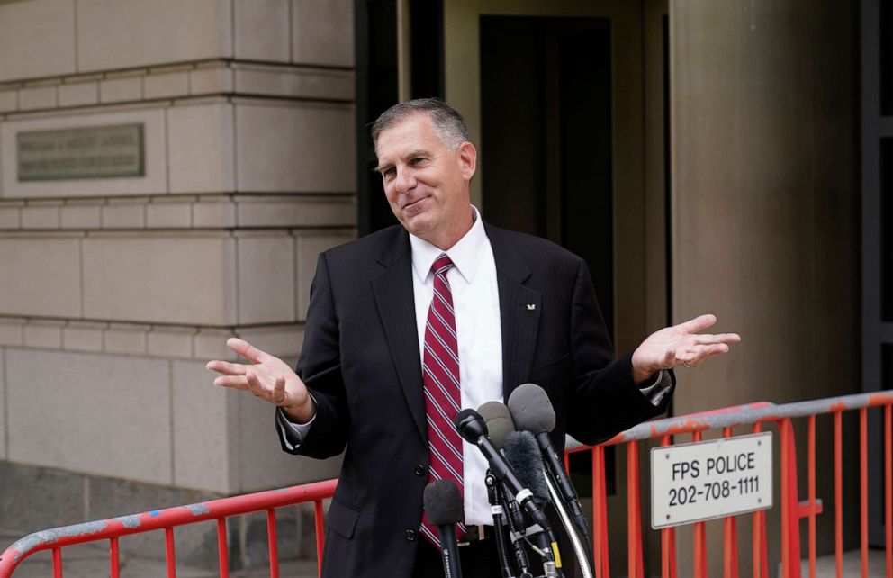 PHOTO: Patrick Leduc, lawyer for Capitol rioter Paul Allard Hodgkins of Tampa, Fla., speaks to reporters outside the U.S. District Courthouse after Hodgkins was sentenced to eight months behind bars, in Washington, July 19, 2021.