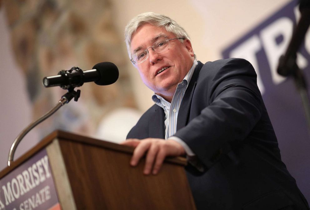 PHOTO: In this October 22, 2018, file photo, Patrick Morrisey speaks at a campaign event in Inwood, W. Va.