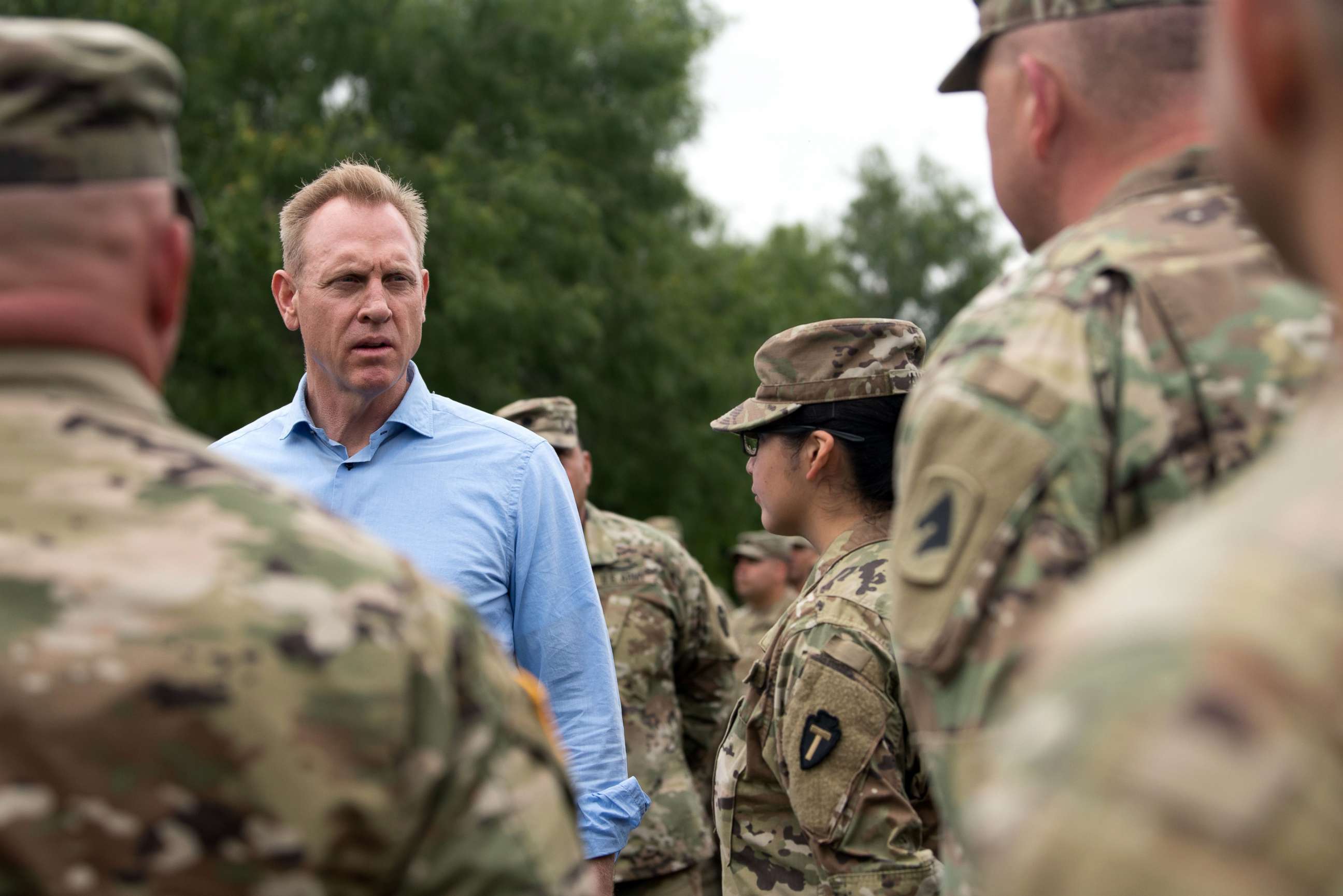 PHOTO: U.S. Acting Secretary of Defense Patrick M. Shanahan and Acting Secretary of Homeland Security Kevin McAleenan meet with U.S. Army Soldiers and National Guard Soldiers during a visit to the southern border in McAllen, Texas, May 11, 2019.