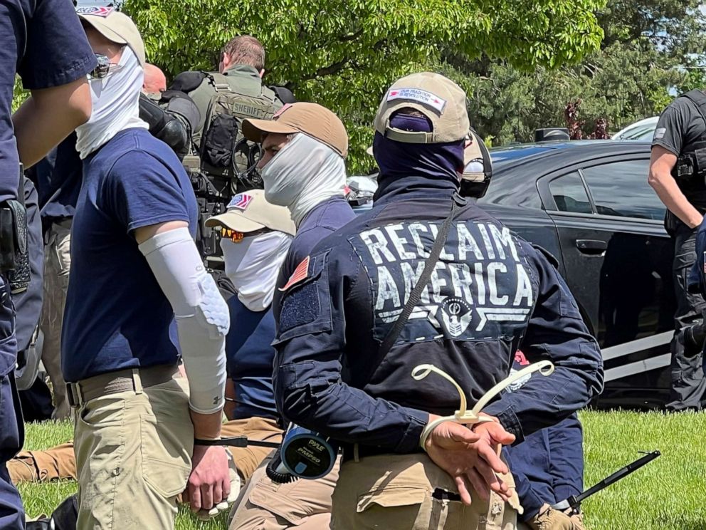 PHOTO: Authorities arrest members of the white supremacist group Patriot Front near an Idaho pride event after they were found packed into the back of a U-Haul truck with riot gear in Coeur d'Alene, Idaho, June 11, 2022.