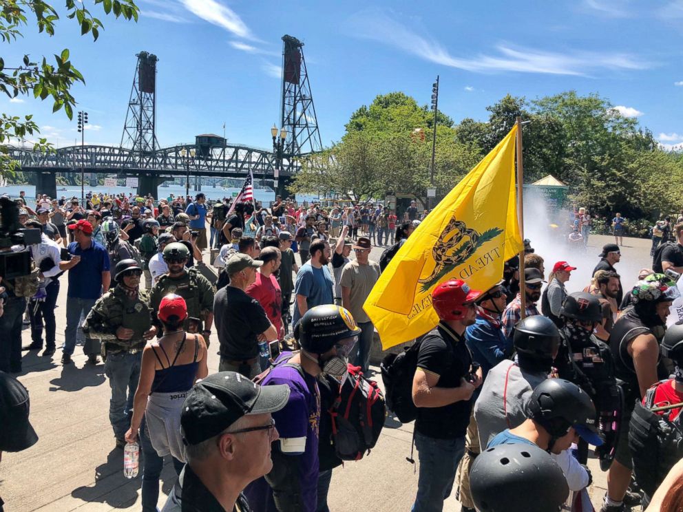 PHOTO: Thousands gather for a rally by two far-right groups, Aug. 4, 2018, in Portland, Oregon.