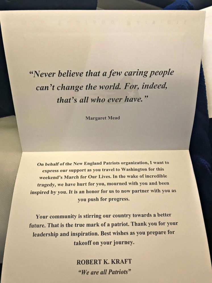 PHOTO: Each seat on the New England Patriots team plane felt like "first class" and had a gift as well as a letter from Patriots owner Robert Kraft, parent Meredith Barry told ABC News. 