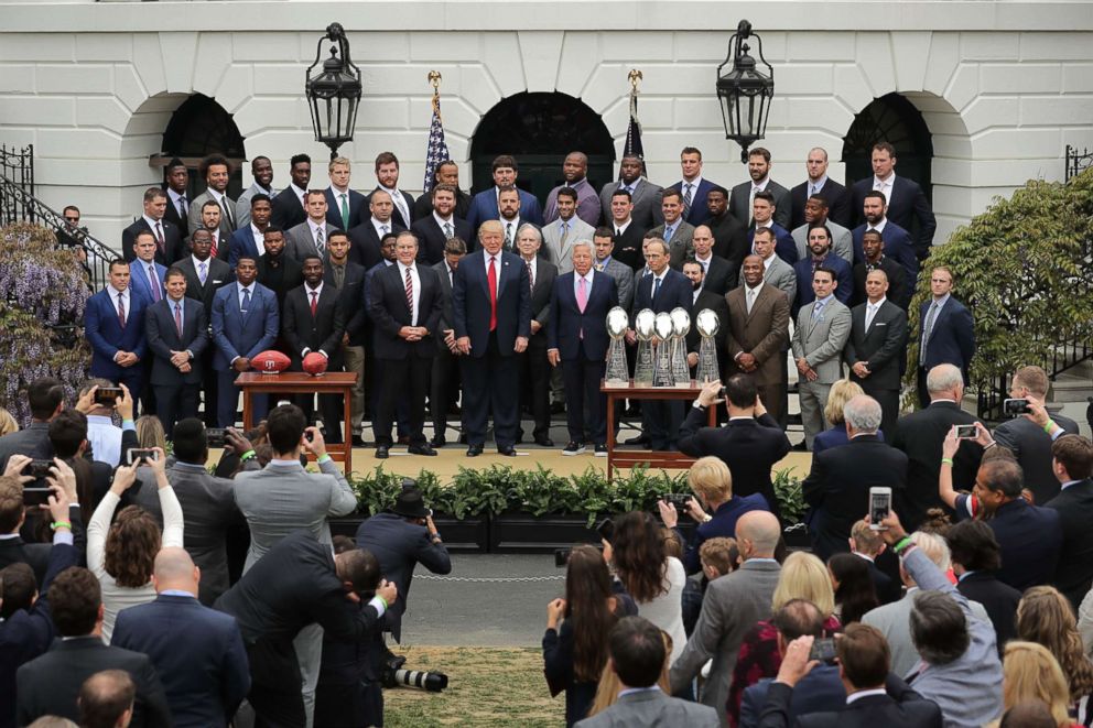 PHOTO: President Donald Trump poses for photographs with the New England Patriots during a celebration of the team's Super Bowl victory on the South Lawn at the White House April 19, 2017 in Washington, DC. 