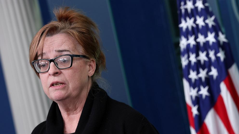 PHOTO: Patty Morin, mother of Rachel Morin, speaks during a daily press briefing in the Brady Press Briefing Room at the White House, April 16, 2025 in Washington.