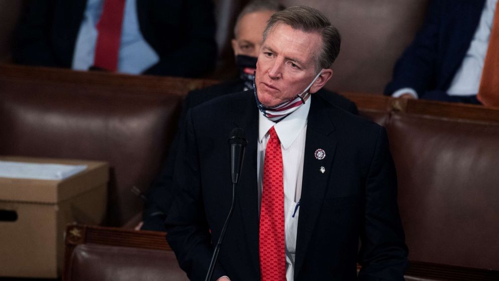 PHOTO: Rep. Paul Gosar objects to Arizona's electoral college vote certification for Joe Biden during a joint session of Congress in the House chamber of the U.S. Capitol in Washington, Jan. 6, 2021.