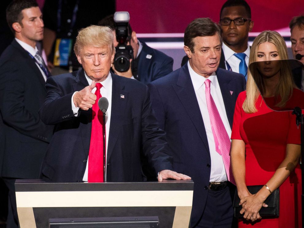 PHOTO: Donald Trump, flanked by campaign manager Paul Manafort and daughter Ivanka, checks the podium in preparation for accepting the GOP nomination to be President at the 2016 Republican National Convention in Cleveland, July 20, 2016.