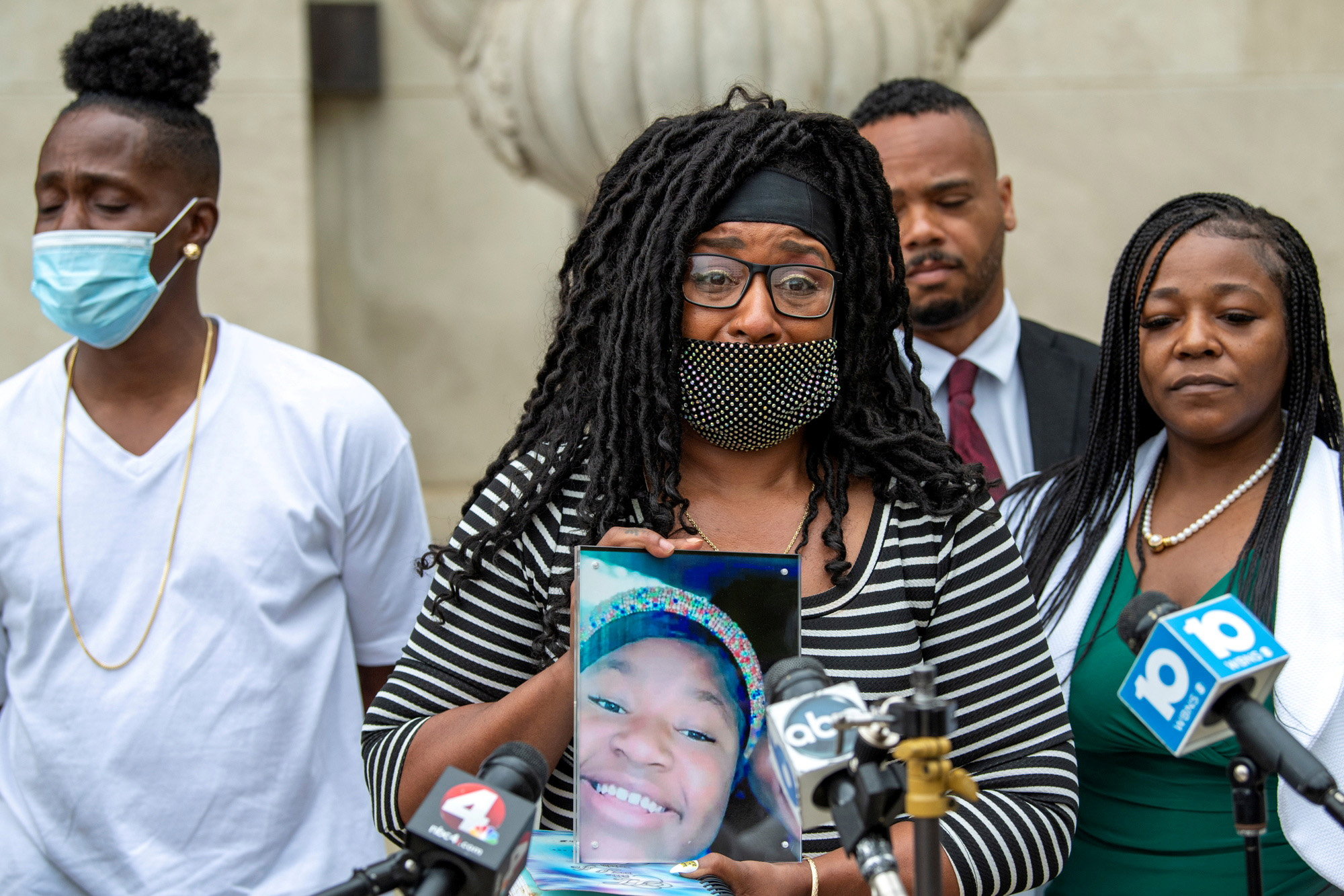 PHOTO: Paula Bryant, Ma'Khia Bryant's mother, speaks to media alongside other members of the Bryant family and their attorney, Michelle Martin, during a news conference in front of City Hall in Columbus, Ohio, April 28, 2021. 