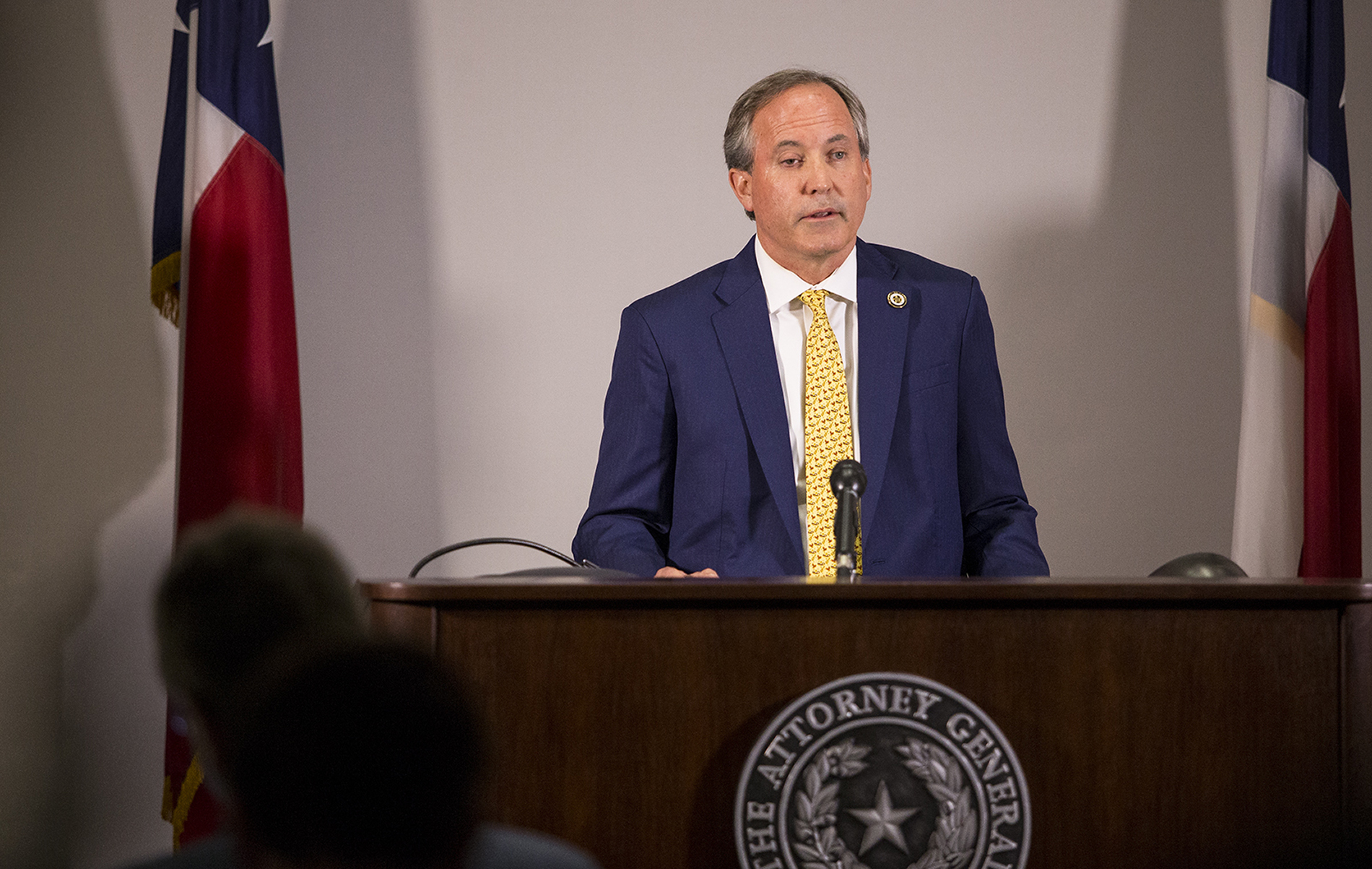 PHOTO: Texas Attorney General Ken Paxton speaks a press conference in Austin, Texas, on May 1, 2018.