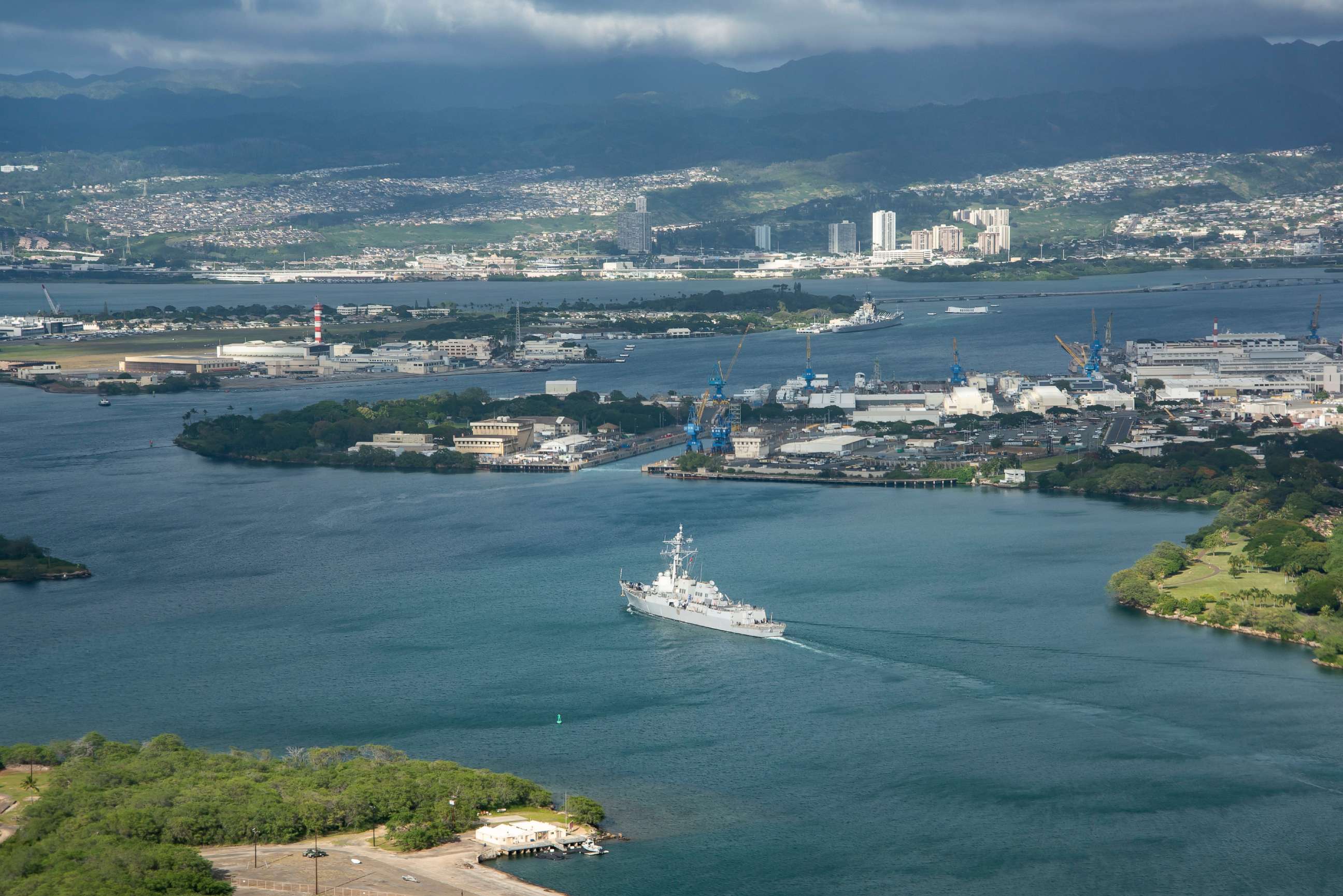 PHOTO: A ship passes near Ford Island in Honolulu's Pearl Harbor, Jan 17, 2018.