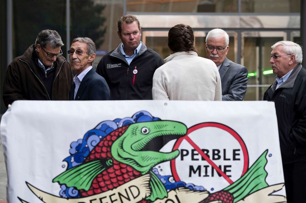 PHOTO: People testifying appear outside the Federal Courthouse in Anchorage, Alaska, Oct. 8, 2019, as a battle over a proposed gold and copper mine at the headwaters of the world's largest sockeye salmon fishery in Alaska continues.