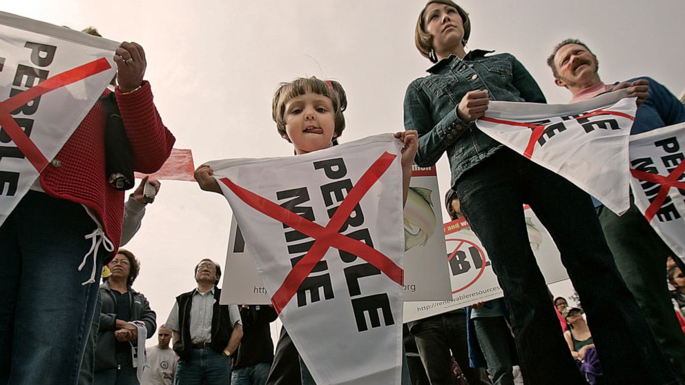 PHOTO: Protestors gather in Dillingham, Alaska, for a rally against the Pebble Mine, June 6, 2007.