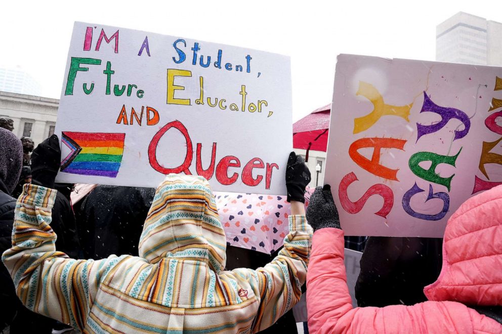 PHOTO: People protest against HB 616, Ohio's "Don't Say Gay" Bill outside the Ohio Statehouse in Columbus, Ohio, April 9, 2022.