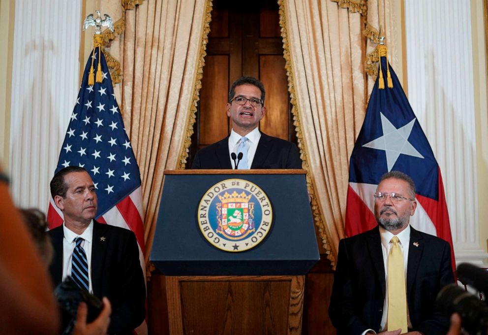 PHOTO: In this file photo taken on Aug. 02, 2019, Pedro Pierluisi holds a press conference after being sworn in as Governor of Puerto Rico in San Juan, Puerto Rico.