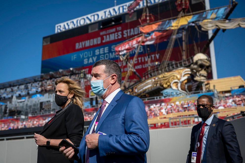 PHOTO:  Acting DHS Deputy Secretary David Pekoske tours the field at Raymond James Stadium with NFL's head of security Cathy Lanier ahead of Super Bowl LV in Tampa, Fla.