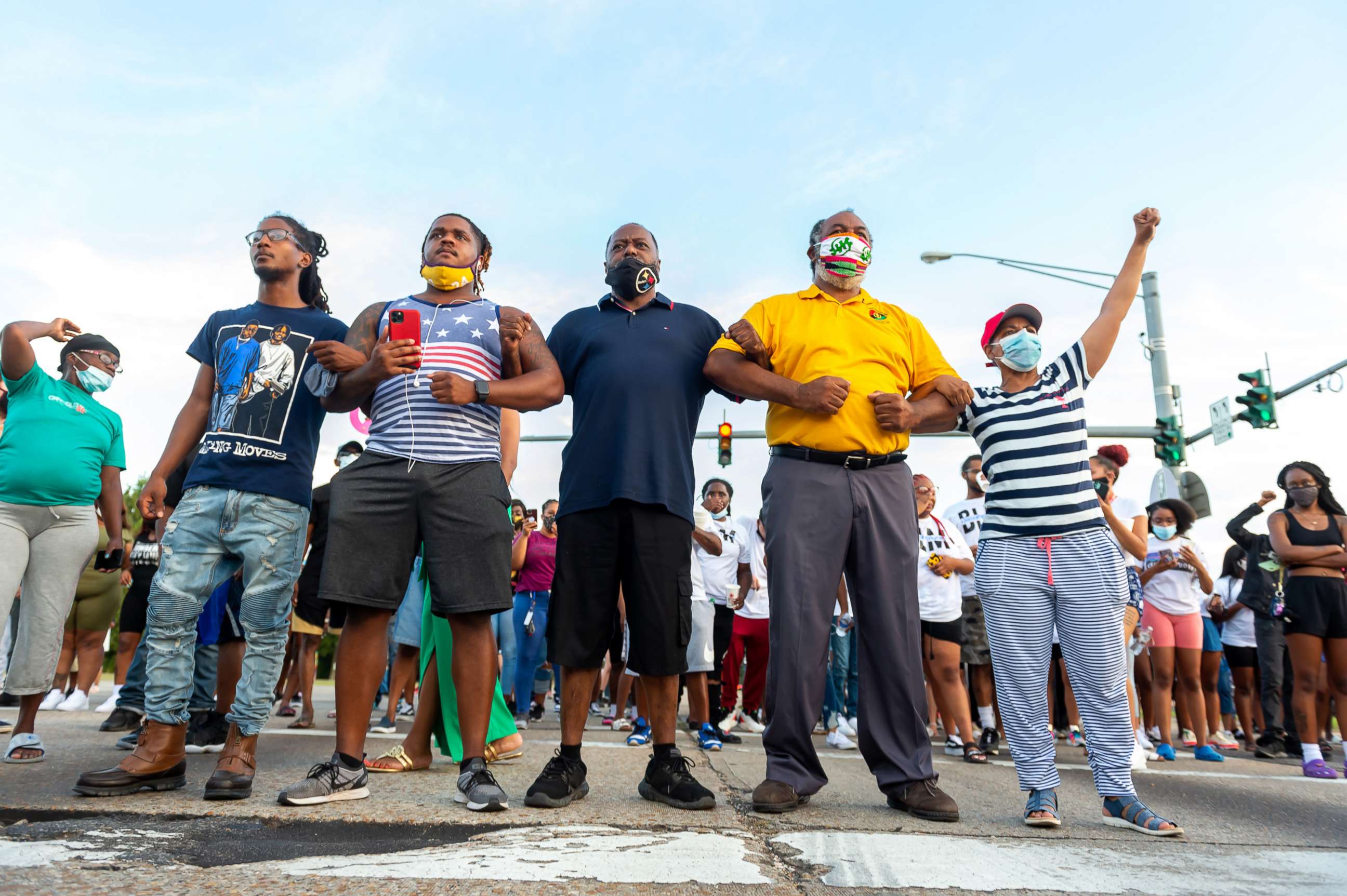 PHOTO: Protesters take to the street and block traffic at the intersection of Willow St and Evangeline Thruway after a vigil held for Trayford Pellerin, 31, who was shot and killed by Lafayette police officers while armed with a knife, Aug. 22, 2020.