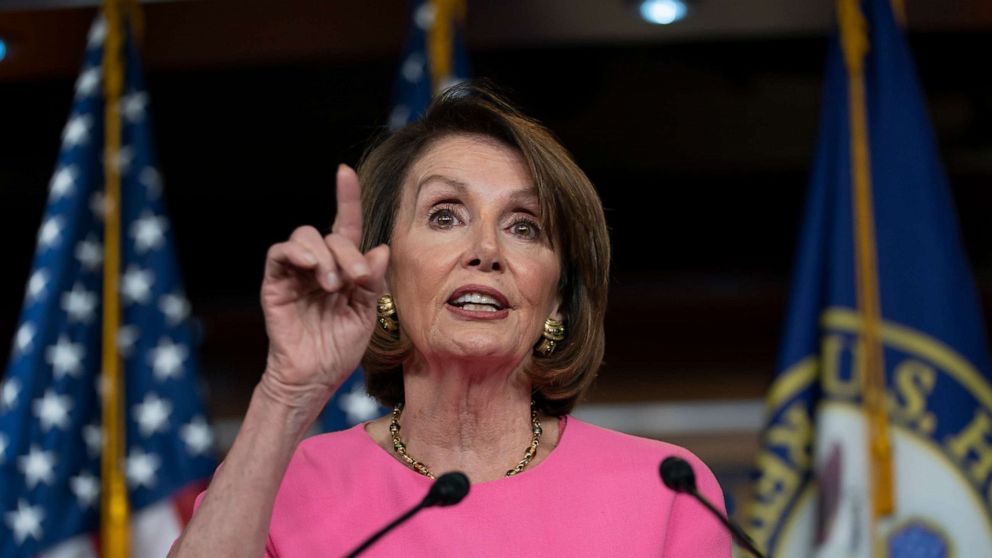 PHOTO: Speaker of the House Nancy Pelosi, D-Calif., meets with reporters at the Capitol, May 23, 2019. 