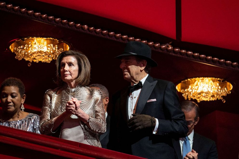 PHOTO: House Speaker Nancy Pelosi and her husband Paul Pelosi, who is wearing a hat and glove following an attack by accused David Wayne DePape in his home in November, attend the Kennedy Center honorees gala in Washington, D.C., Dec. 4, 2022.