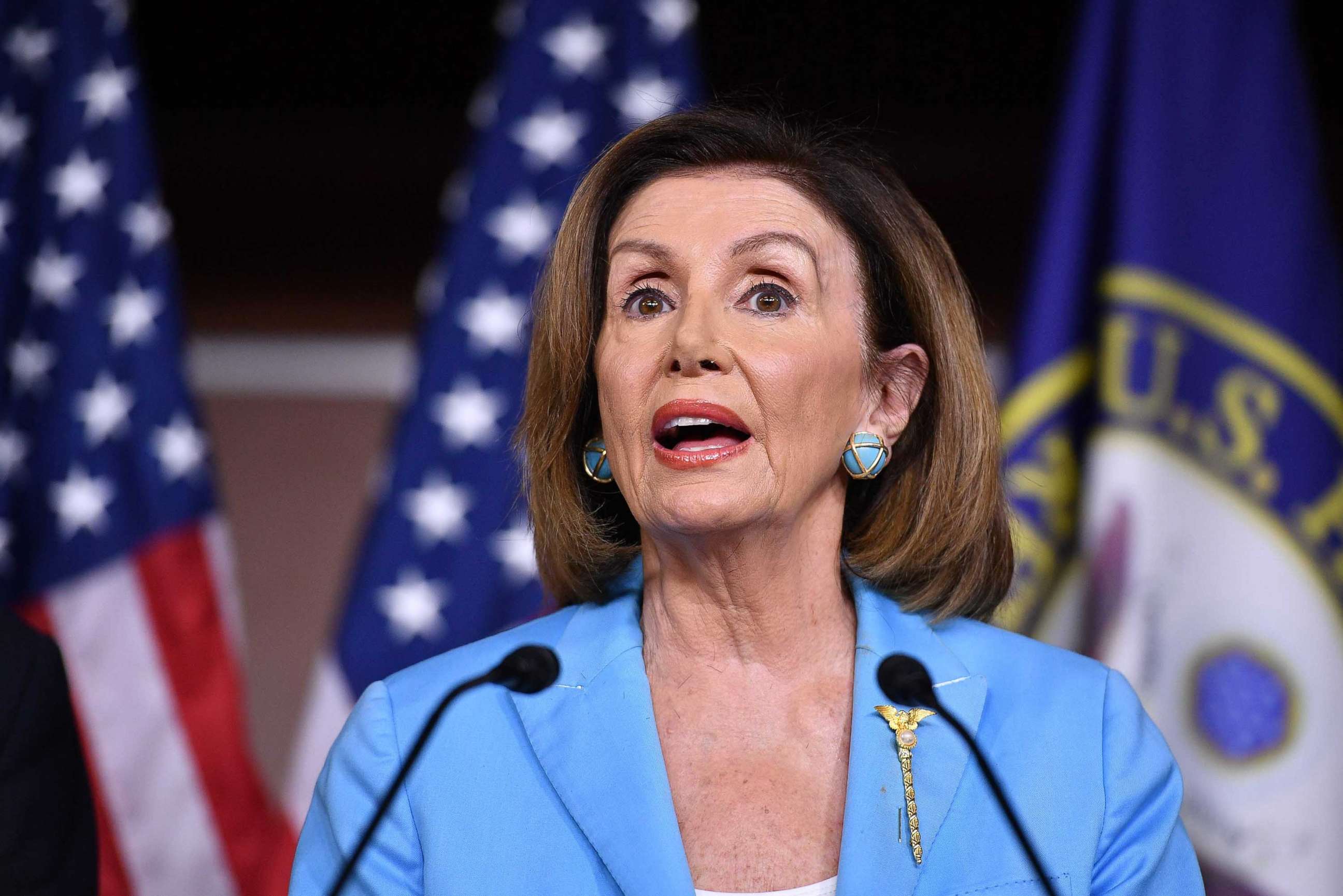 PHOTO: House Speaker Nancy Pelosi and House Intelligence Committee Chair Adam Schiff speak during a press conference at the US Capitol in Washington, DC on October 2, 2019.