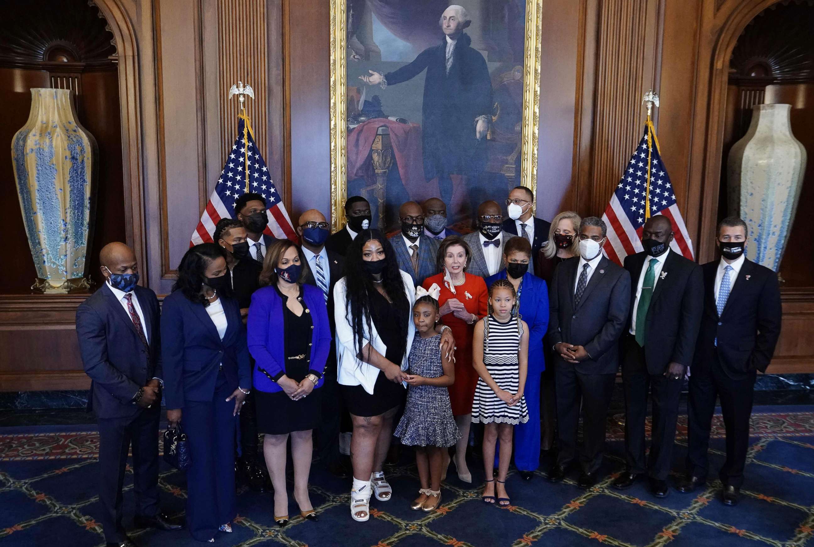 PHOTO: House Speaker Nancy Pelosi speaks to reporters while standing with members of the Floyd family prior to a meeting to mark the anniversary of the death of George Floyd at the US Capitol in Washington on May 25, 2021.