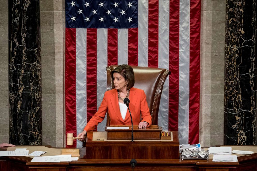 PHOTO: House Speaker Nancy Pelosi gavels as the House votes 232-196 to pass resolution on impeachment procedure to move forward into the next phase of the impeachment inquiry into President Trump in the House Chamber on Capitol Hill, Oct. 31, 2019. 