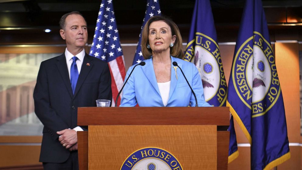 PHOTO: House Speaker Nancy Pelosi and House Intelligence Committee Chair Adam Schiff, speak during a press conference in the House Studio of the US Capitol in Washington, DC on October 2, 2019.