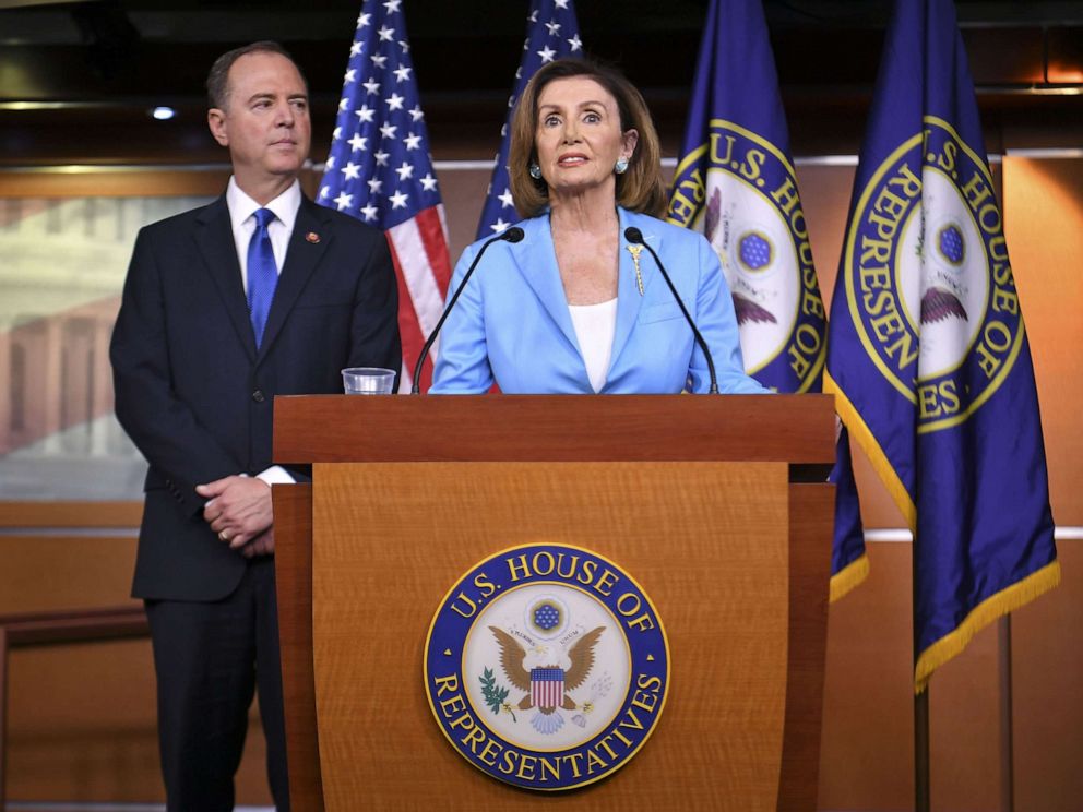 PHOTO: House Speaker Nancy Pelosi and House Intelligence Committee Chair Adam Schiff, speak during a press conference in the House Studio of the US Capitol in Washington, DC on October 2, 2019.