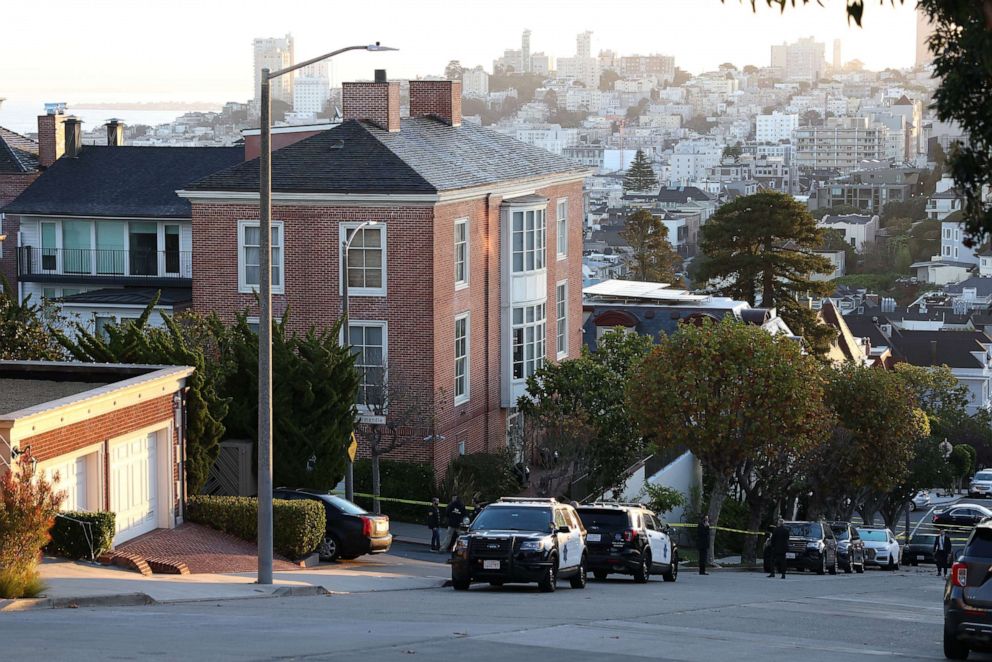 PHOTO: A view of the residence of U.S. House of Representatives Speaker Nancy Pelosi, D-Calif., in San Francisco, California, on October 28, 2022, after her husband was attacked in their home by an intruder.