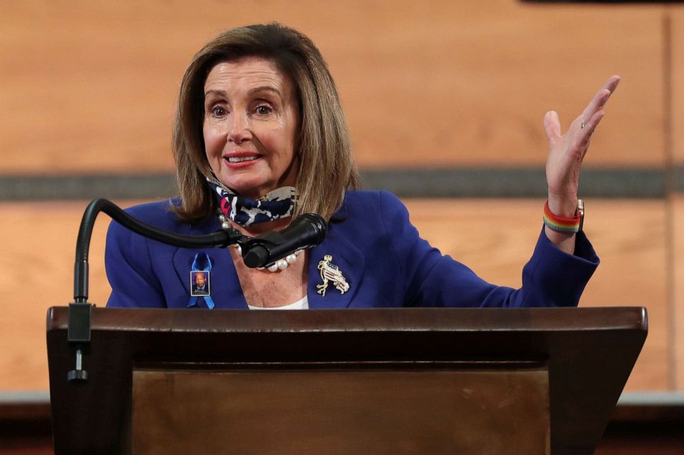 PHOTO: House Speaker Nancy Pelosi speaks during the funeral of late Congressman John Lewis, a pioneer of the civil rights movement and long-time member of the U.S. House of Representatives, at Ebeneezer Baptist Church in Atlanta, July 30, 2020.