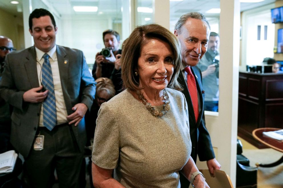 PHOTO: Speaker of the House Nancy Pelosi and Senate Minority Leader Chuck Schumer walk together after President Donald Trump announced a deal to end the partial government shutdown on Capitol Hill in Washington, Jan. 25, 2019.