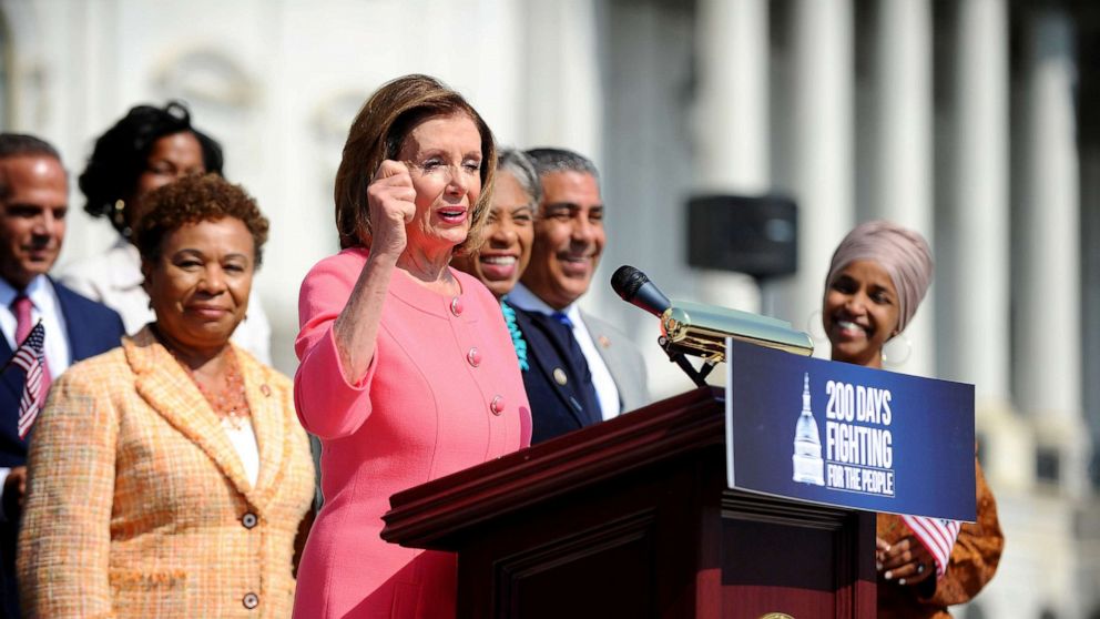 PHOTO: Speaker of the House Nancy Pelosi holds a press event on the first 200 days of the 116th Congress at the Capitol in Washington, D.C., July 25, 2019. 